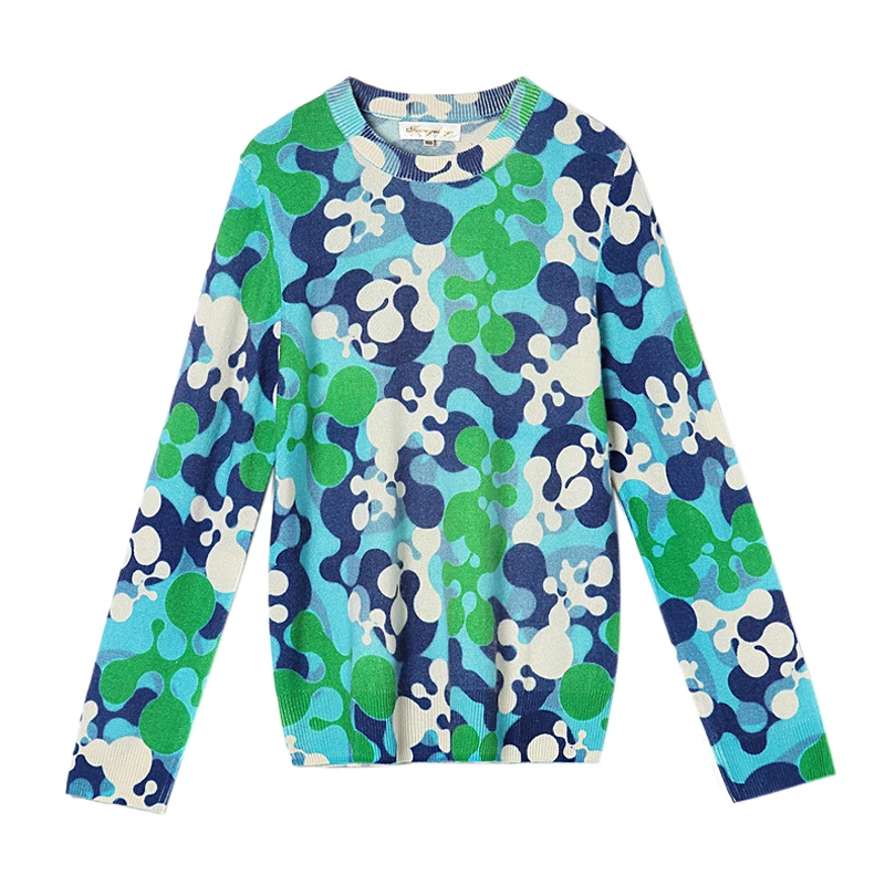 Bogeda 100% кашемировые свитера для женщин с круглым вырезом Зеленый Принт Пуловеры