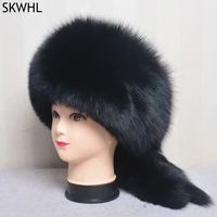 russian style women real natural fox fur cap with fox tail fashion lady winter thicken warm soft fox fur bomber hat beanie hat
