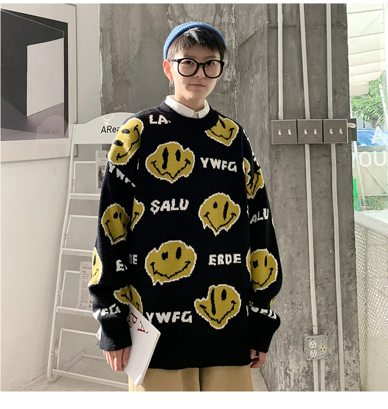 

Men Loose All-match oversized Sweater Printed Letters Cartoon Smiley Face Loose Knitted Pullover women Autumn Winter 2021