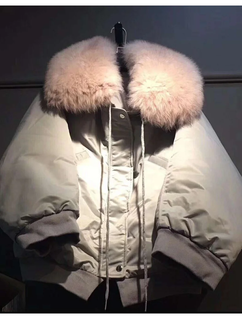 Korea winter woman duck down coat short jacket for ladies bat sleeves with fox fur collar grey white black green big size