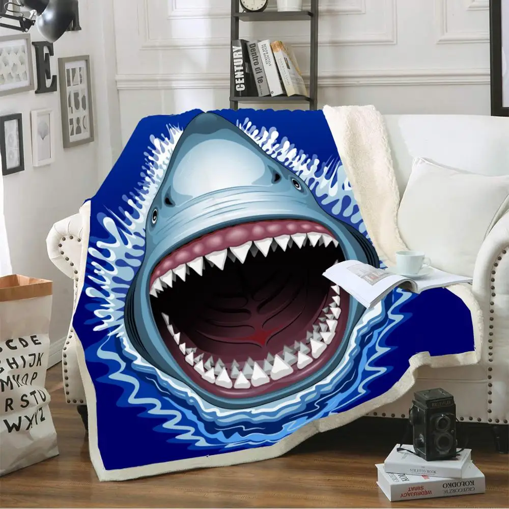 

Cute Cartoon Kids Sea Shark Sherpa Blanket Plush Warm Sheet Marine Life Home Office Nap Keep Warm Blanket Machine Washable