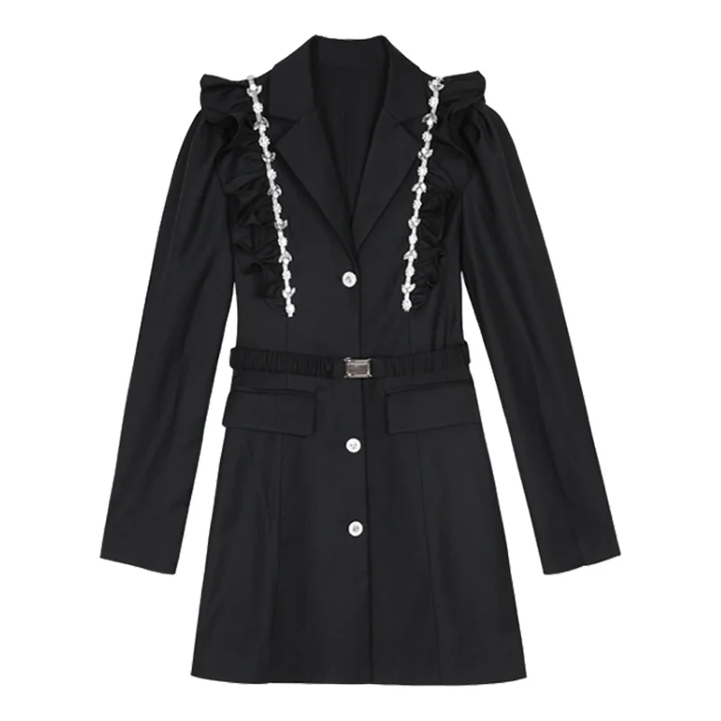Heavy Industry Rhinestone Black Swan Suit Dress 2022 Autumn French Ruffle Waist Closing Long Sleeve V-neck Small Black Skirt