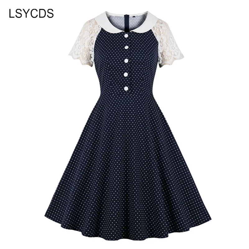 

LSYCDS Vintage Polka Dot Dresses for Women Cotton Short Sleeve Peter Pan Collar Swing Summer Dress Casual Vestido