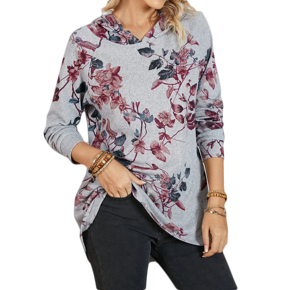 

2021 Autumn Women T-Shirt Retro Printed Casual Loost Hooded Long Sleeve Ladies Clothing Female Casual Loose Warm Pullover Top