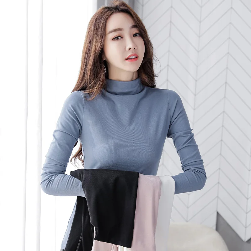 

Autumn Korean Cotton T-Shirt Women Turtleneck Vintage Long Sleeve Office Lady Tshirts Blue Slim Women Shirt Mujer Camisetas