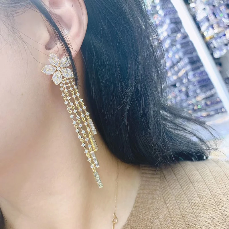 

S925 Silver Needle Flower Tassel Long Earrings 210322-75