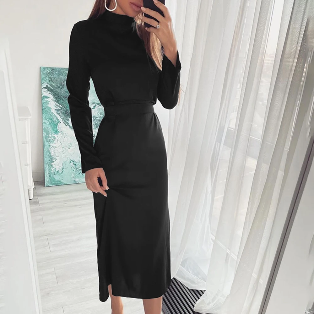 

Casual Solid Women Long Sleeve Midi Dress Spring Autumn Turtleneck Sashes Lace Up Slim Office Elegant Ladies Dresses Robe Femme