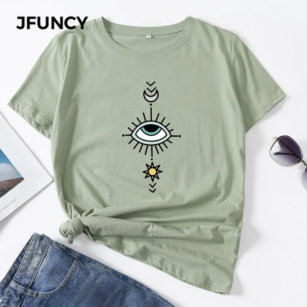 

Женская летняя футболка JFUNCY размера плюс из 100% хлопка, новинка 2020, футболки с графическим принтом, повседневная женская футболка с коротким ...