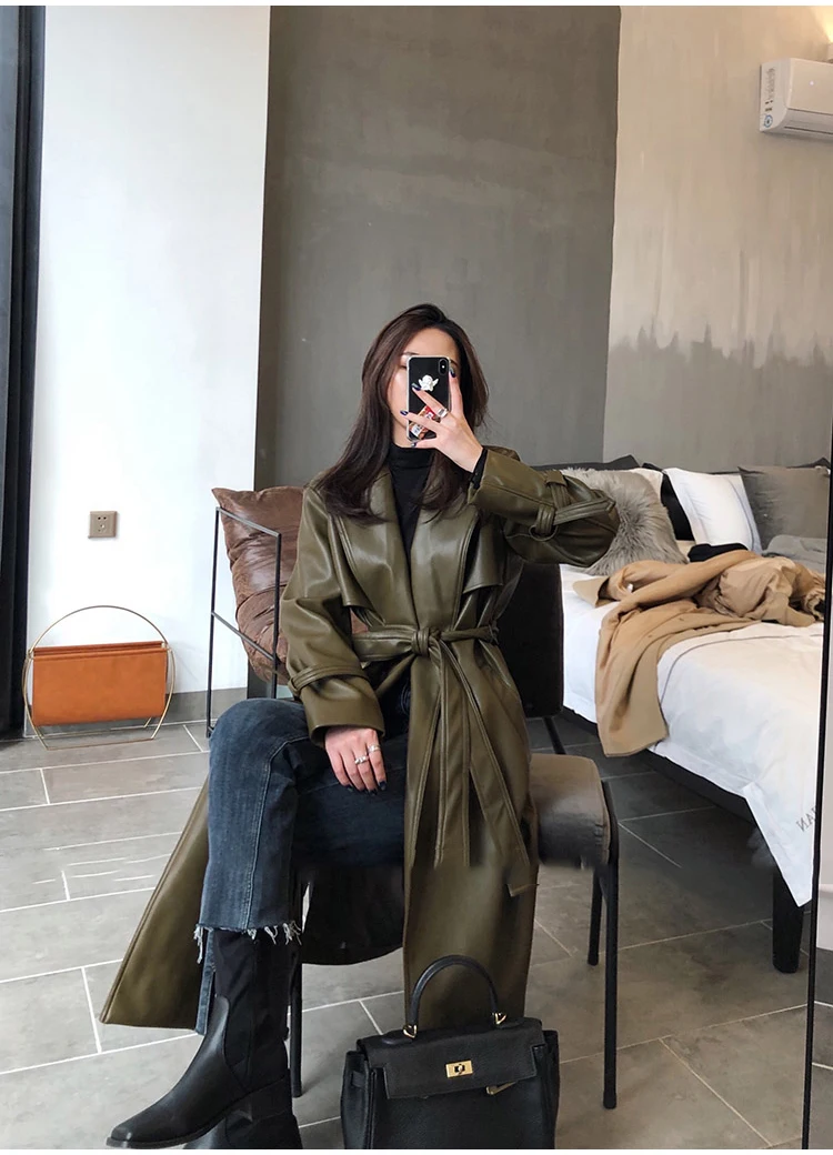 

YICIYA womens coats long sleeve Loose faux leather coats women fashion Autumn long oversized leather trench coat for women 2