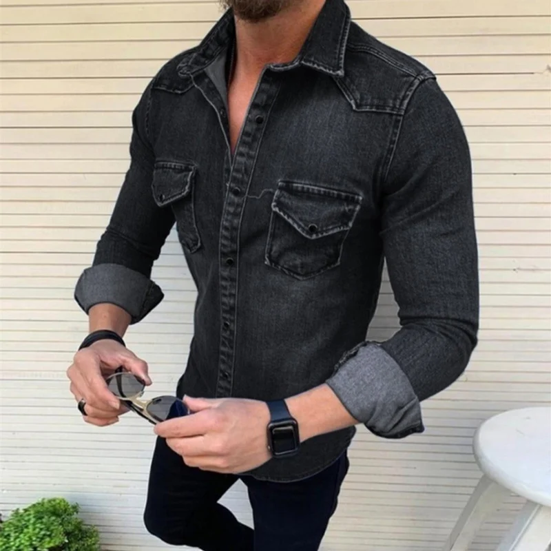 

Куртка мужская джинсовая эластичная на пуговицах, демисезонная облегающая, 2021