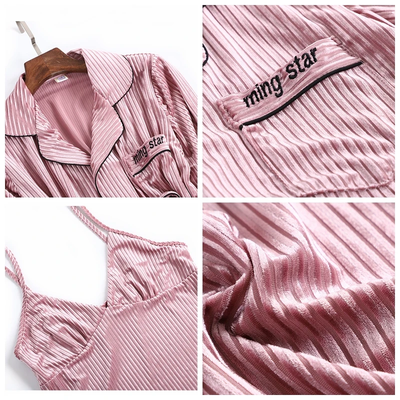 Kupokasi New Velvet Women Pajamas Set With Belt 3 Pieces Solid Color Female Sleepwear Soft Elegant Autumn Winter Homewear