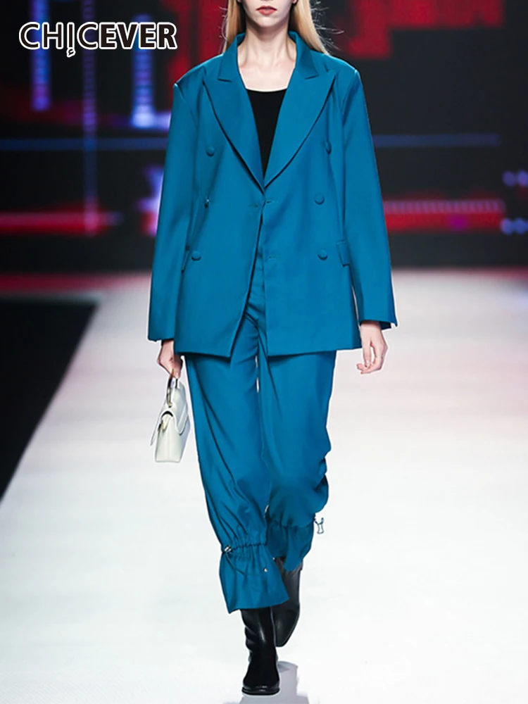 

CHICEVER Blue Two Piece Set For Women Lapel Long Sleeve Blazers High Waist Drawstring Pants Casual Sets Female 2022 Autumn New