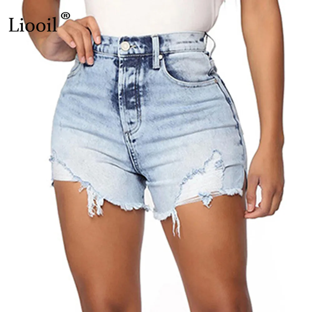 

Liooil повседневное размера плюс рваные джинсовые шорты для женщин 2021 лето с высокой талией на молнии на пуговицах, с карманами, Женский вытерт...
