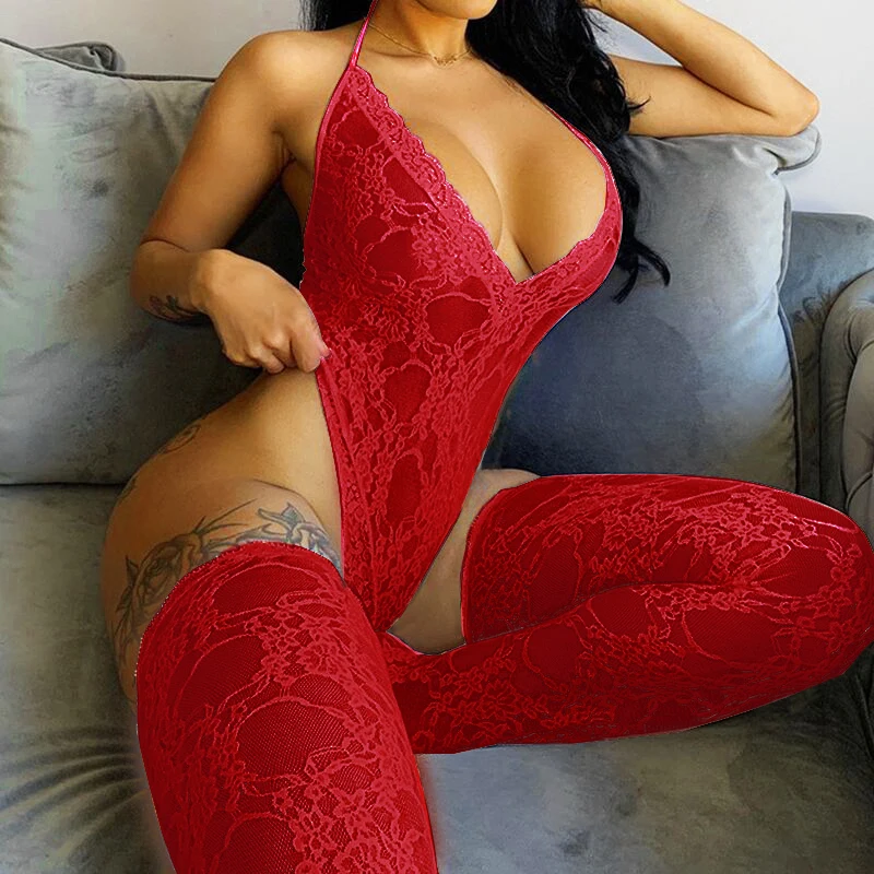 Lingerie Bodysuit Plus Size V Neck Sexy Body Lace See Through Jumpsuit Women Elastic Backless Bodys Mujer with Stockings RE81021