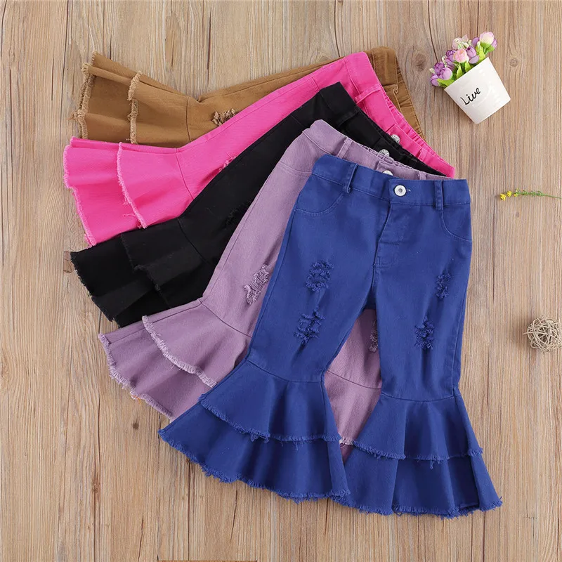 От 2 до 7 лет для маленьких девочек Рваные джинсовые штаны с оборками Леггинсы