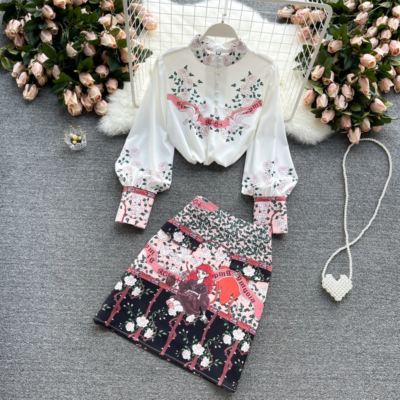 

Ladies temperament suit spring and summer new style ladies shirt design sense niche print skirt fashion two-piece trend
