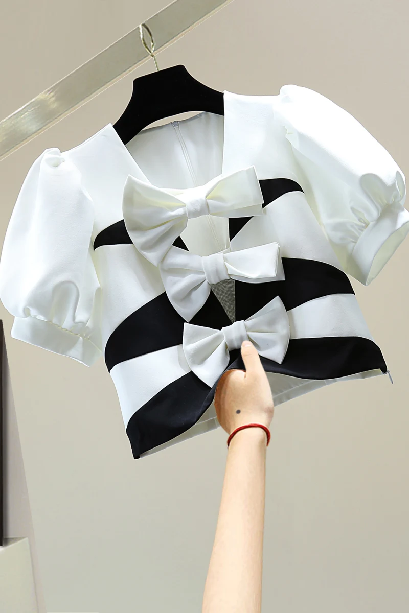 

Contrast Color Bow Short Sleeve Shirt 2021 Summer Short Elegant Women Blouse Hollow Puff Sleeve Chiffon Shirt Fashion Female Top