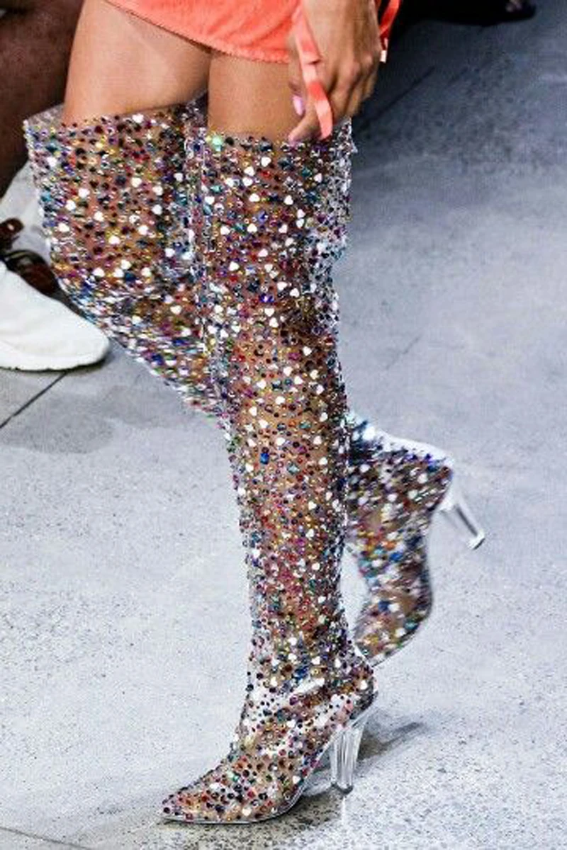 Сапоги женские прозрачные на высоком каблуке ПВХ кожа заостренный носок молния