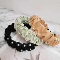 korean pearl pleated headbands for women girls candy color solid fabric fold hairbands bezel hair hoops ladies hair accessories