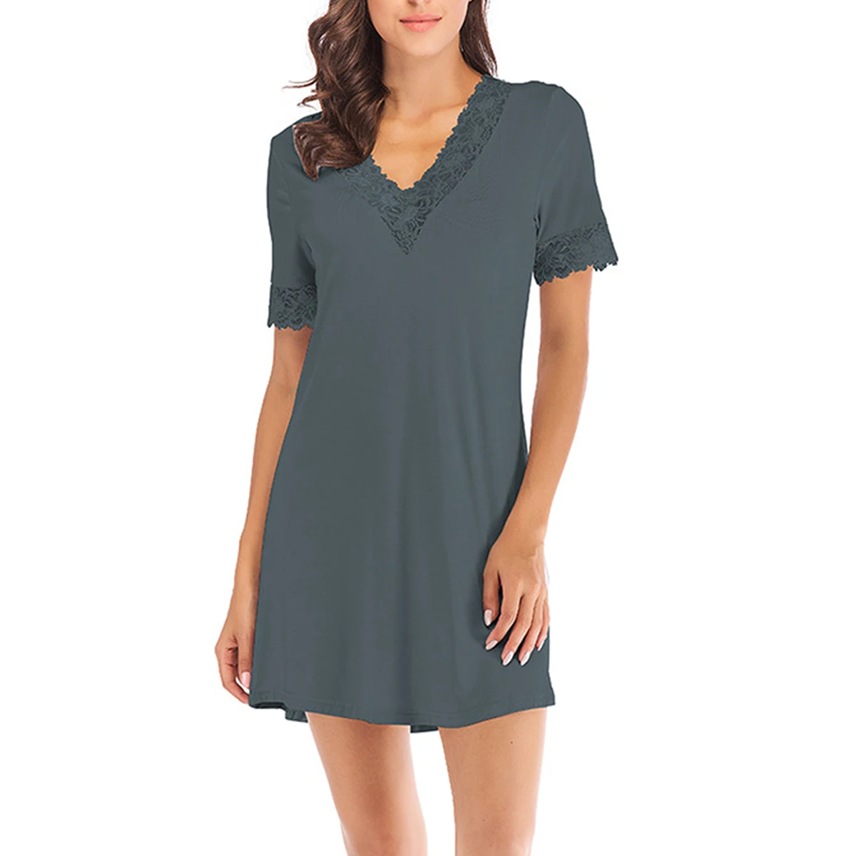

Women\u2019s Summer Casual Sleeping Dress Oversized Lace V-neck Ladies Short-sleeved Sleepwear