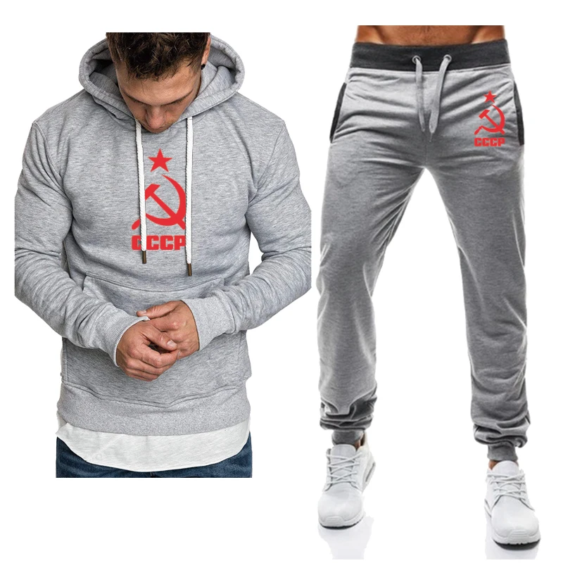 

Spring Autumn Men's Hoodie Unique CCCP Russian USSR Soviet Union high quality Cotton Men's Hooded + Pants 2-Piece Set
