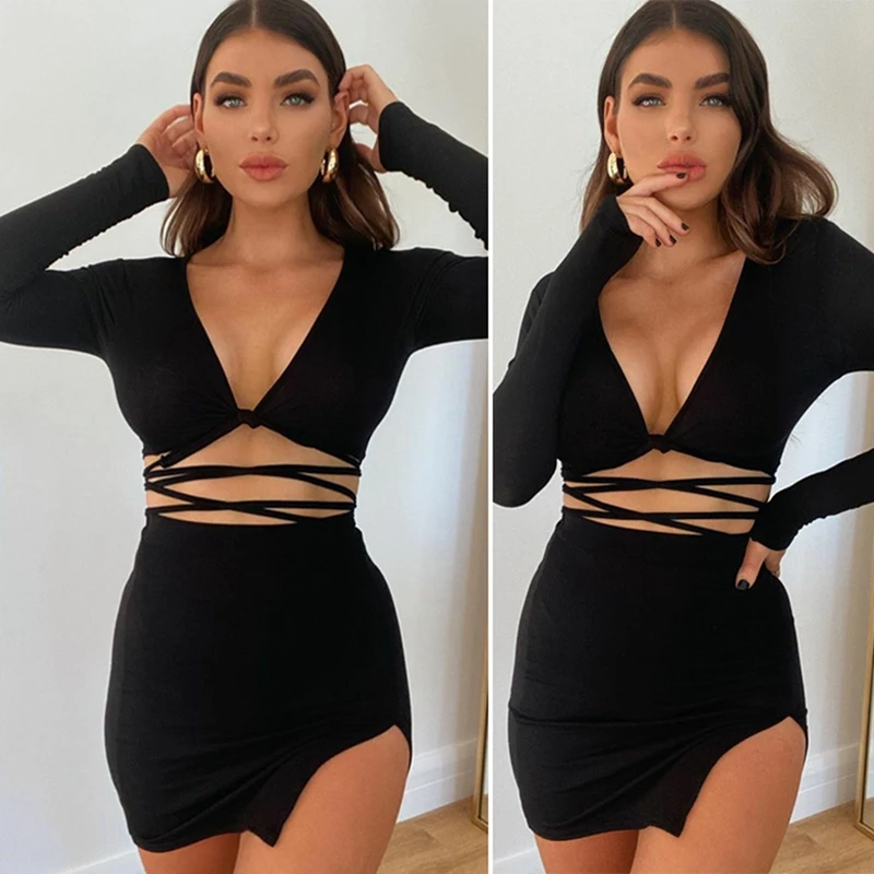 

Women's Casual Suit Autumn V-Neck Sexy Cross Tie Long-Sleeve Shirt Split Short Skirt Black
