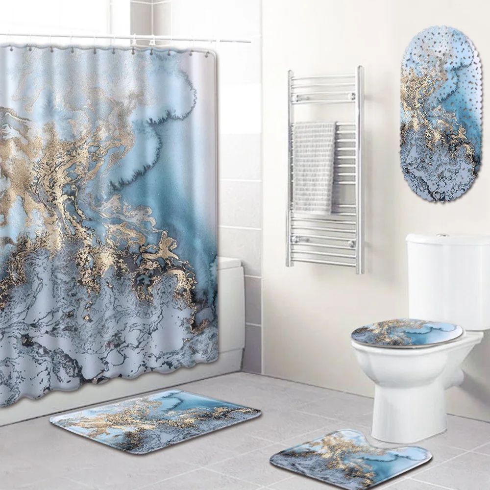 

Marble Texture Printing Bathroom Non-Slip Mat Shower Curtain Carpet Five-Piece Set bathroom decoration bathroom rug set