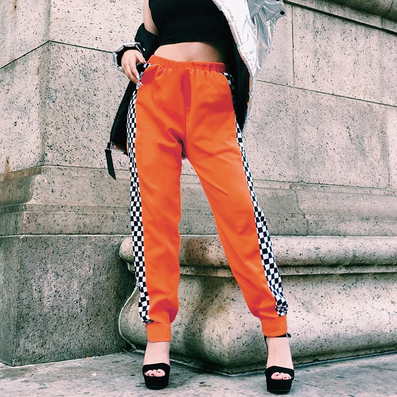 Женские клетчатые брюки с высокой талией боковой молнией и разрезом модные