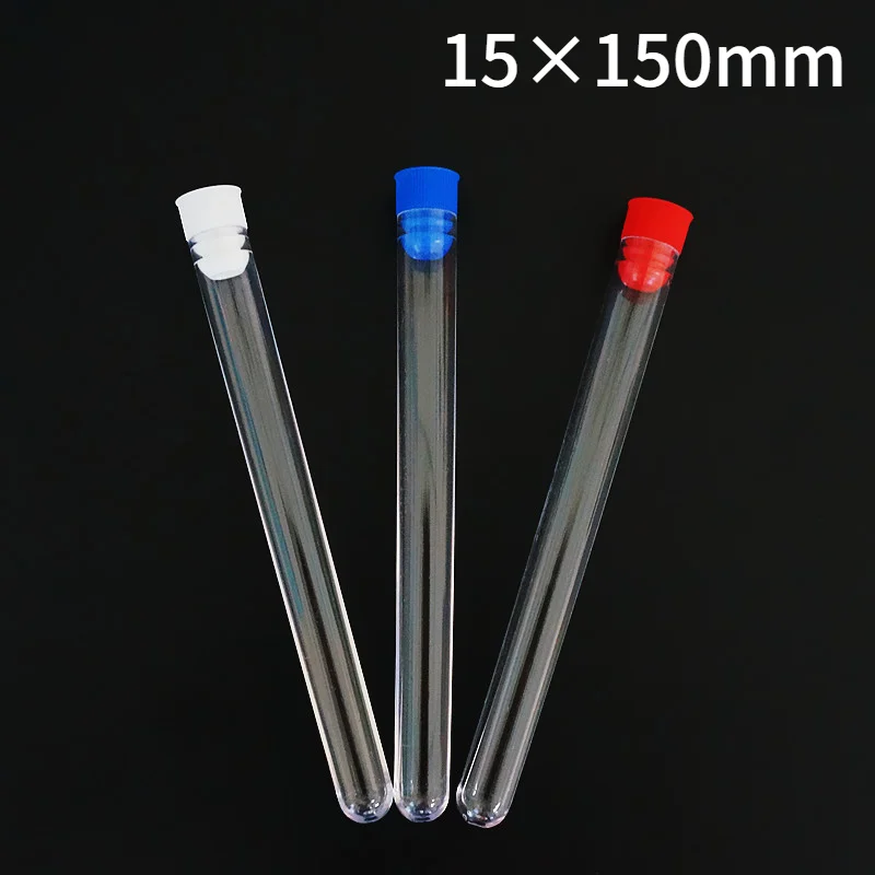 

100pcs/lot 15x150mm Clear Plastic Test Tubes With Blue/Red/White Stopper Push Cap For Kind Experiments And Tests