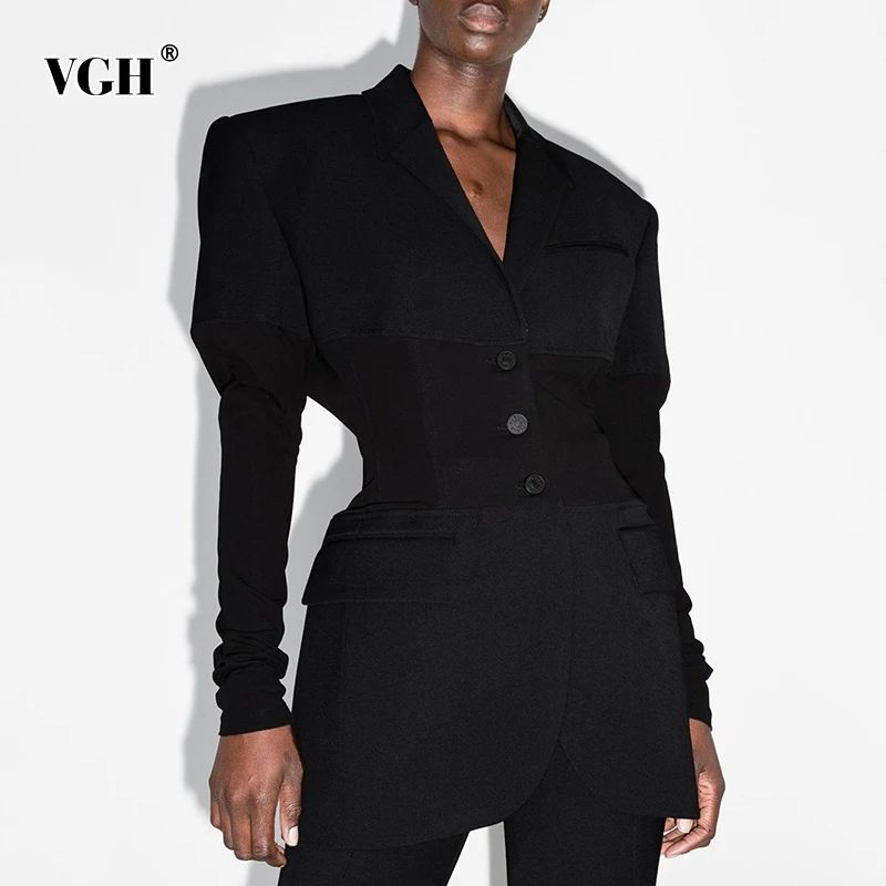 

Женский пиджак с длинным рукавом VGH, Черный Повседневный облегающий пиджак в стиле пэчворк, корейская мода, однотонные куртки с присборенно...