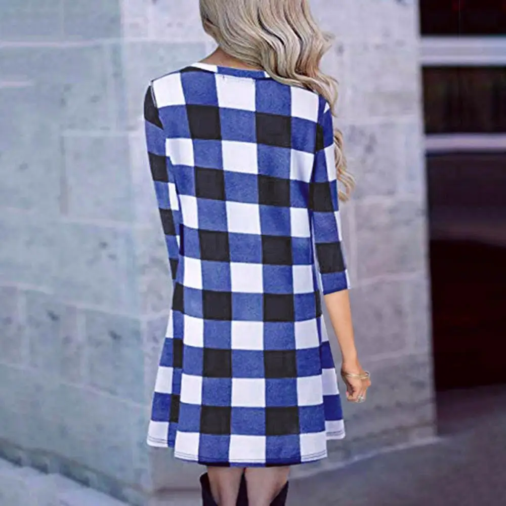 Женское платье повседневное клетчатое с принтом женское рукавом 3/4 и круглым