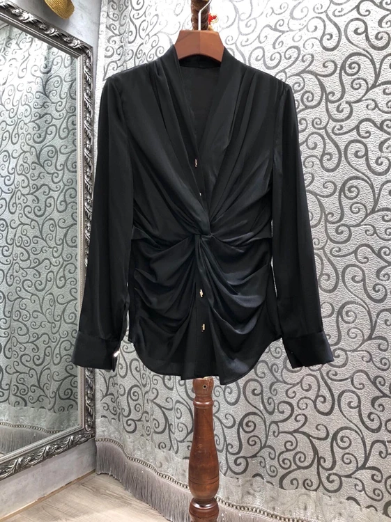 

2020 Fall/Winter New Fashion Women's V-neck Waist Wrinkled Twisted Decoration Pure Color Long Sleeve All-match Shirt 120