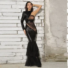 Preto moda sexy sereia vestidos de noite um ombro mangas compridas lantejoulas vestido elegante brilhante para as mulheres vestidos de noite pageant (3)