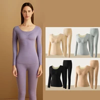 autumn winter new thermal underwear set woman seamless warm suit with chest pad top warm pants double sided heating lingerie set