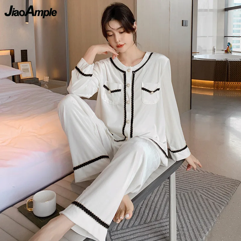 2022 Spring Autumn New Gold Velvet Pajamas Women's Elegant Pearl Button Long-sleeved Trousers Pijamas Suit Female Nightwear Set