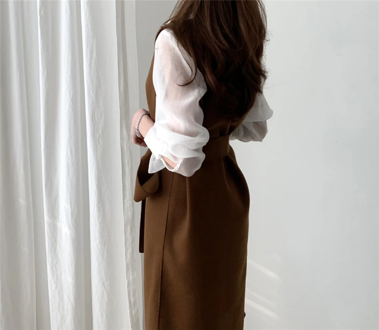 

New 2020 Autumn Spring Women Dresses Sashes Solid Split Straight Knitting Warm Sweater Casual Elegant Office Ladies Dress