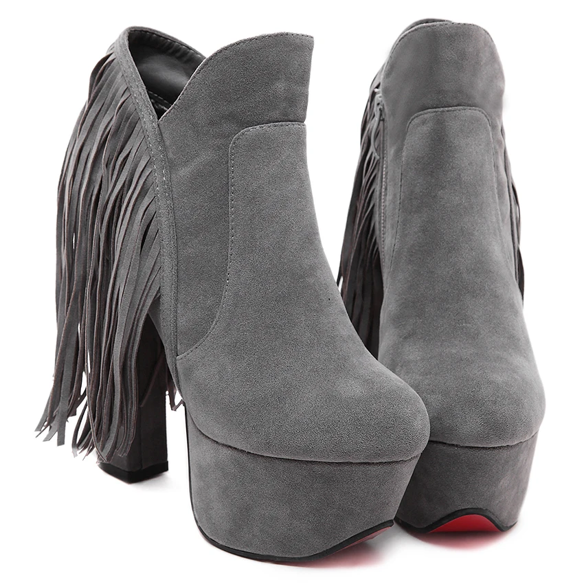 

New Style Super High Heel Thick Heel Boots Shoes Platform Tassel Women's Short Boots