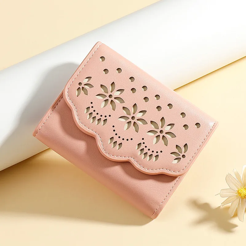 

1PC New Fashion Women's Wallet Short Hollow Flower Coin Purses Ladies Three Fold Zipper Hasp Clutch Bag PU Leather Card Holders