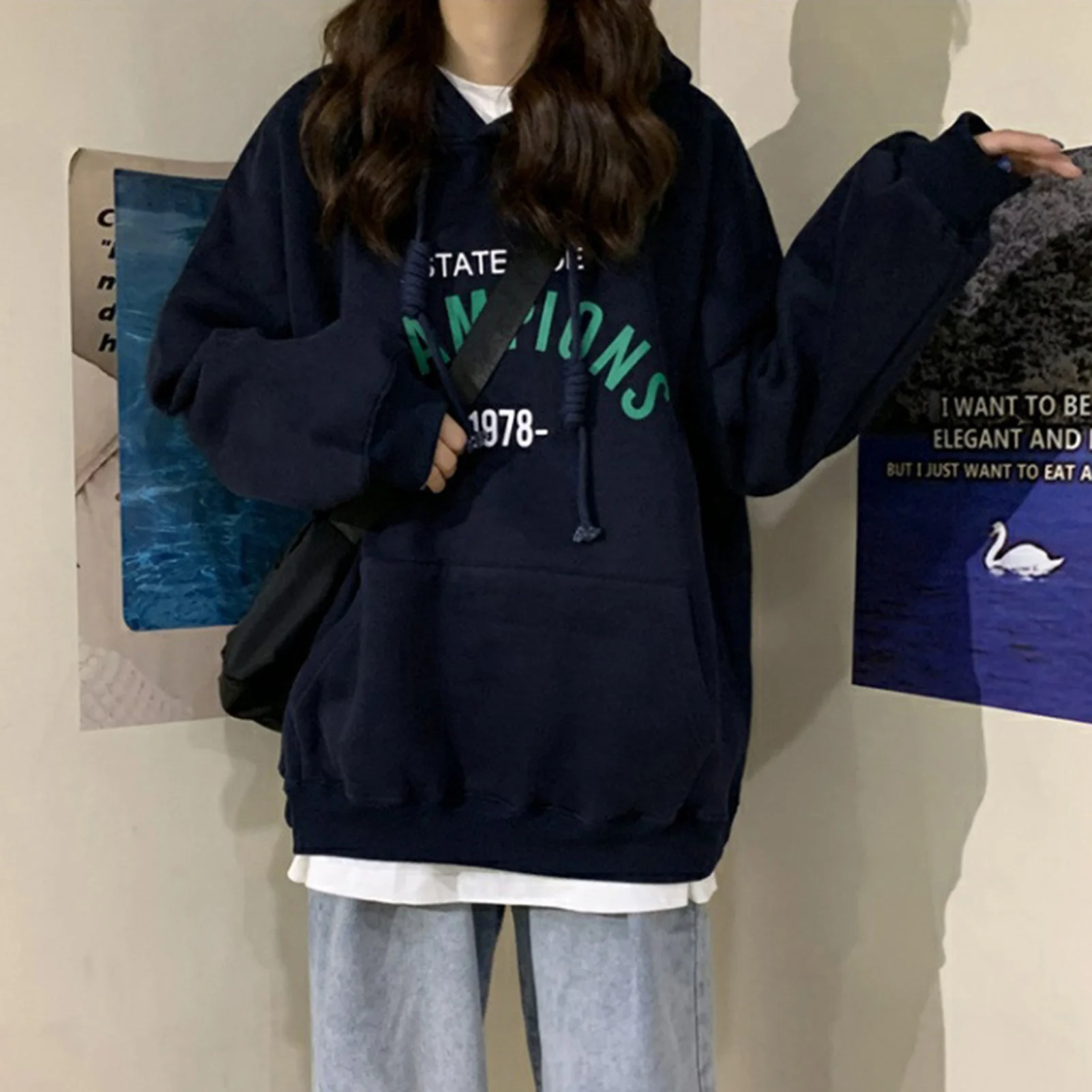 Women Hoodies Casual Plush Loose Letters Print Sweatshirt Long Sleeve Hooded Loose Hoodie 2020 Autumn Female Pullover