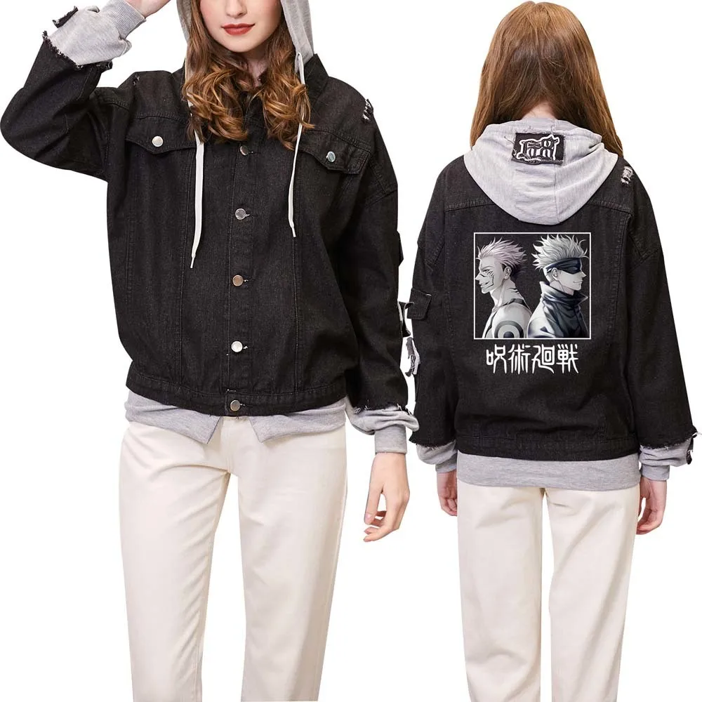 

Jujutsu Kaisen Anime Denim Jacket Women Men Cosplay Oversized Hoodies Hooded Button-up Black Japanese Streetwear Sweatshirts Top