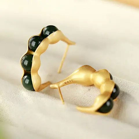 

Hetian Jade Retro Hong Kong Style Earrings Women's Elegant Lentil All-Match Earrings Cold Style High-Grade Sterling Silver Gold-