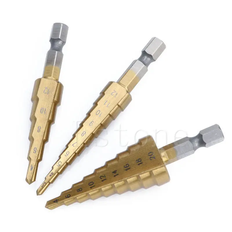 

3Pcs 4-12/20mm 3-12mm HSS Steel Step Cone Titanium Coated Drill Bit Hole Cutter