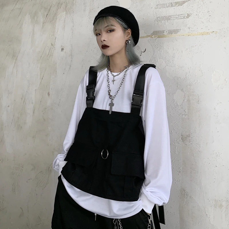 Harajuku стиль жилет Мужская Женская безрукавка уличная Регулируемая мода талии пальто карманы, набедренный хоп тактические куртки черный