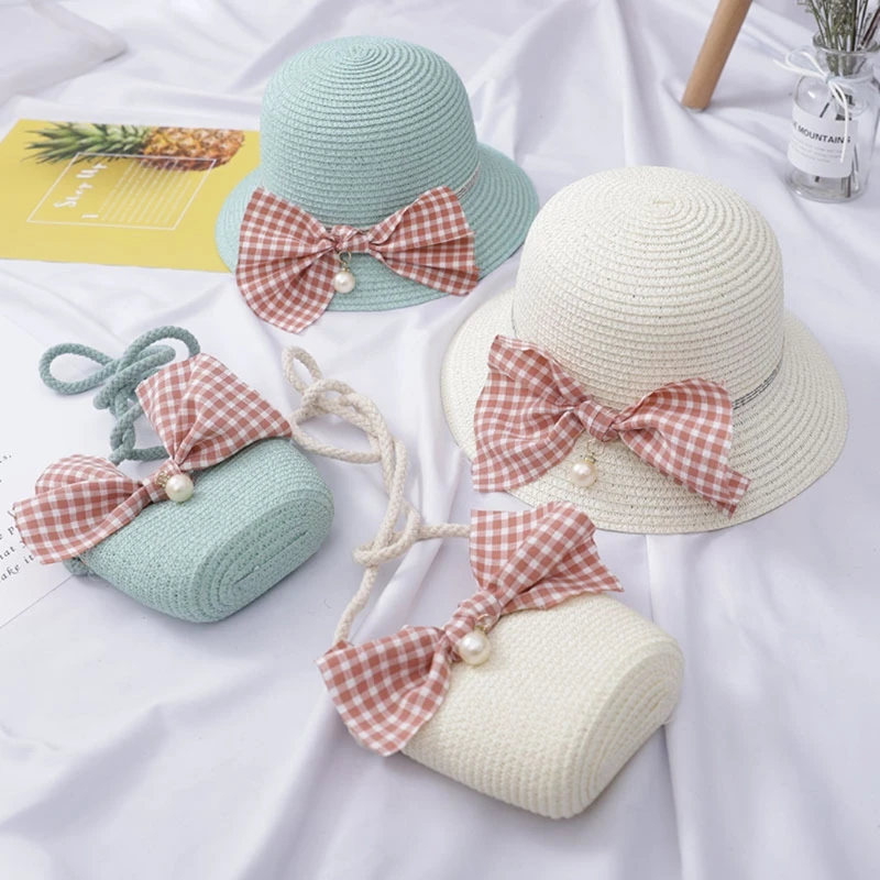 

Bow Princess Hat Summer Girls Straw Sun Hat +Handbag 2pcs Sets For Kids Child Beach Hats UV Protection Cap