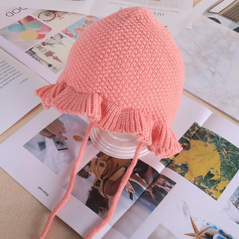 Шапочка для новорожденных девочек с милым цветком вязаная теплая весна-осень |