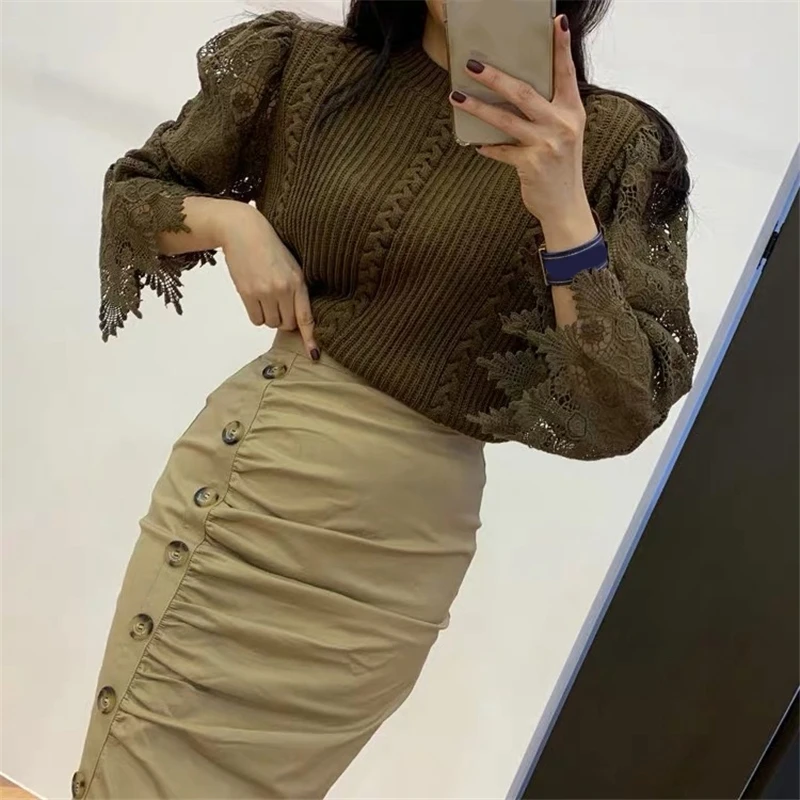 RealShe кашемировый женский свитер с круглым вырезом и кружевными расклешенными