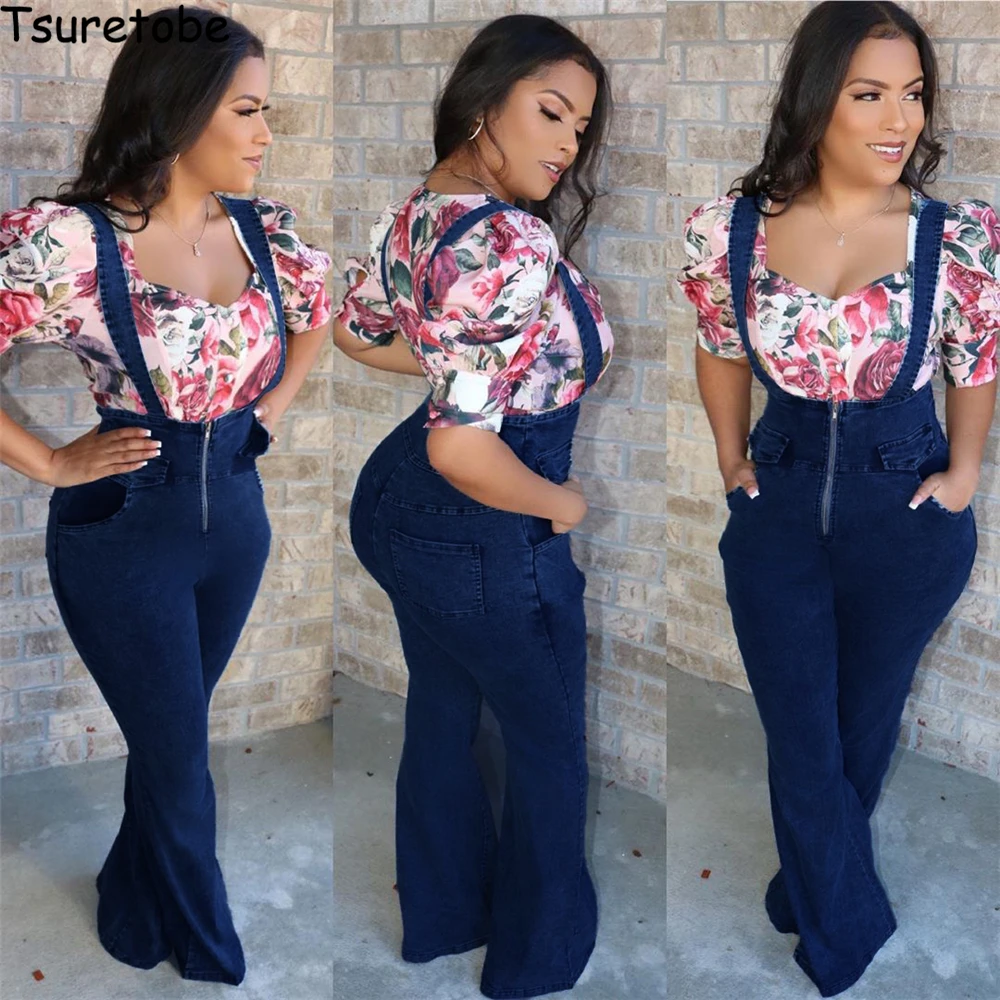 

Tsuretobe Elegant Jumpsuit Women Summer 2020 Denim Overalls Blue Jean Romper Womens Clothing Flare Jeans Casual Club Outfits