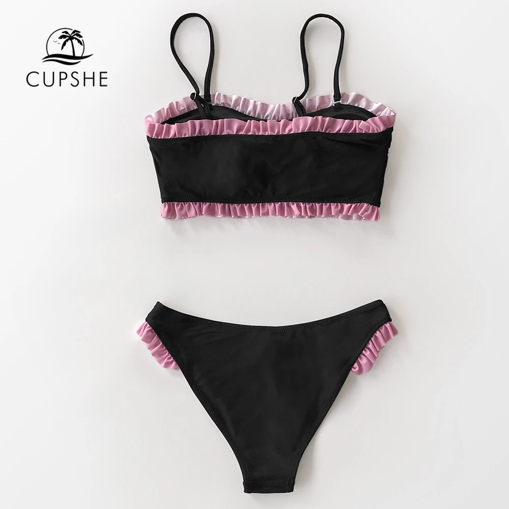 CUPSHE черный красный гофрированный бандо бикини наборы сексуальный купальник с