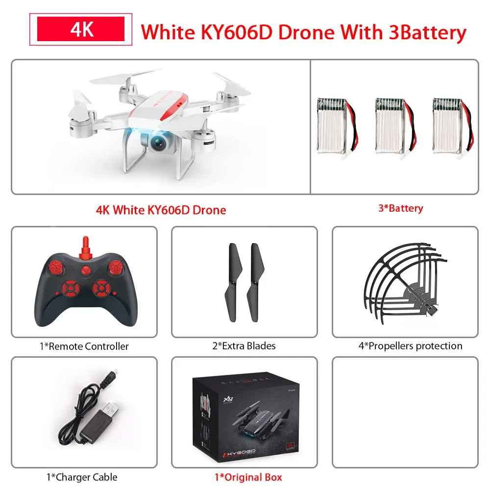 White 4K 3B KY606D Дрон с FPV wifi 480P 1080P 4K HD Двойная камера или без камеры Квадрокоптер 20 минут время полета мини Дрон VS SG106 E58 Дрон - Цвет: White 4K 3B