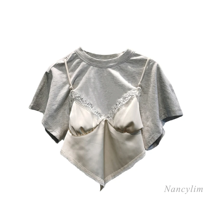 

Summer Grey T Shirt Women 2021 New Design Lace Strap Stitching Cropped Short Sleeve Tee Top All-Match Lady Clothing